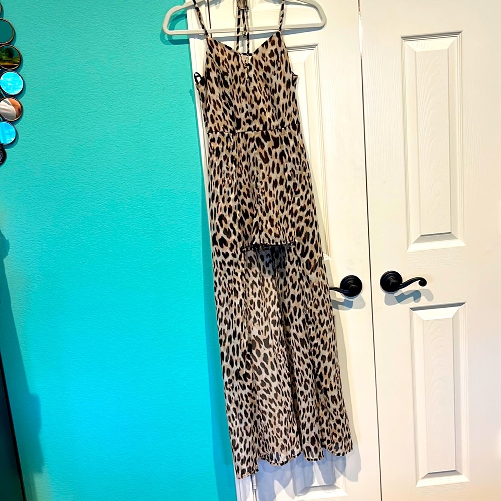 LEOPARD PRINT SHORTS ROMPER WITH FLOWING TAIL PIECE IN BACK - POLYESTER XS